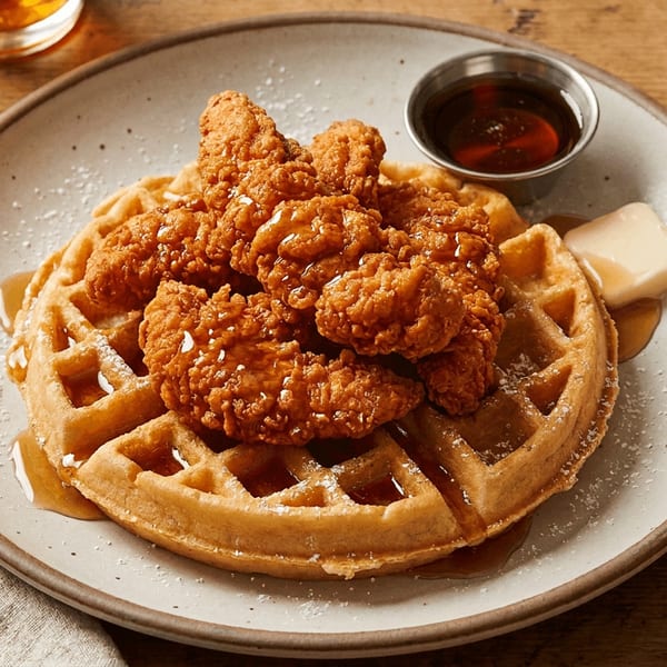 Crispy fried chicken tenders on a waffle, drizzled with syrup and powdered sugar, with butter.