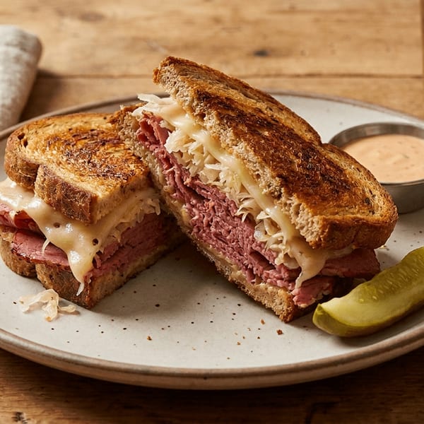 A reuben sandwich cut in half, with a pickle spear, sauce, and iced tea on a wooden table.