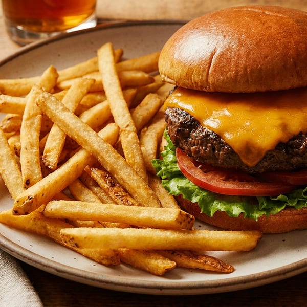 Cheeseburger with melted cheddar, lettuce, and tomato, served with golden french fries on a plate.