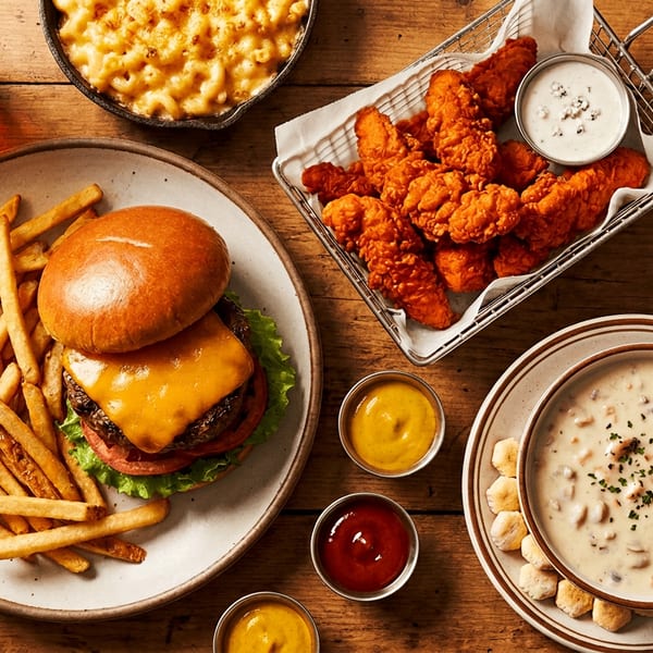 A feast of cheeseburger and fries, chicken tenders, ribs, mac and cheese, and clam chowder.