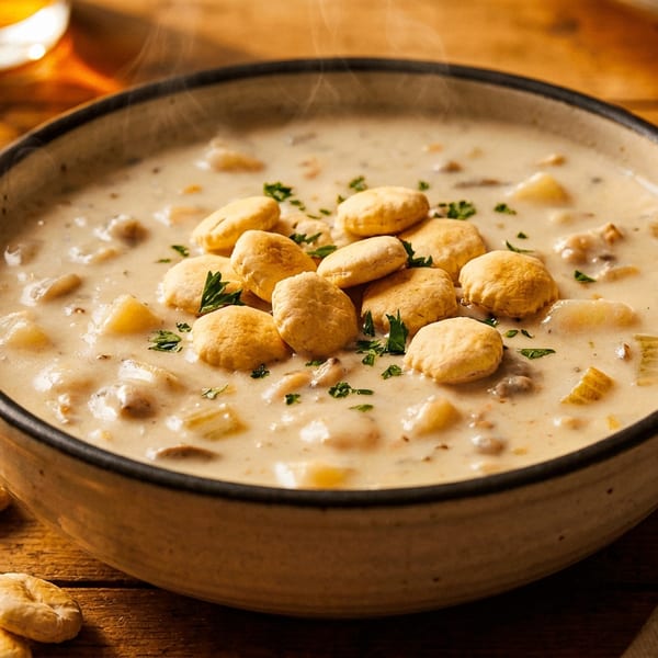 Steaming bowl of creamy clam chowder with oyster crackers and parsley on a wooden table.