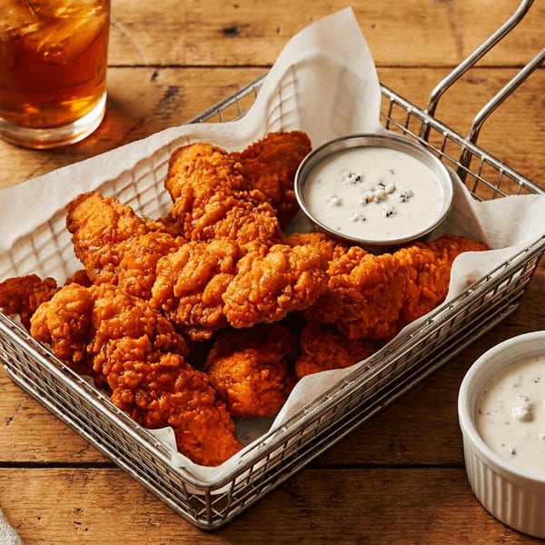 Crispy fried chicken tenders in a metal basket with dipping sauce, celery sticks, hot sauce, and iced tea.